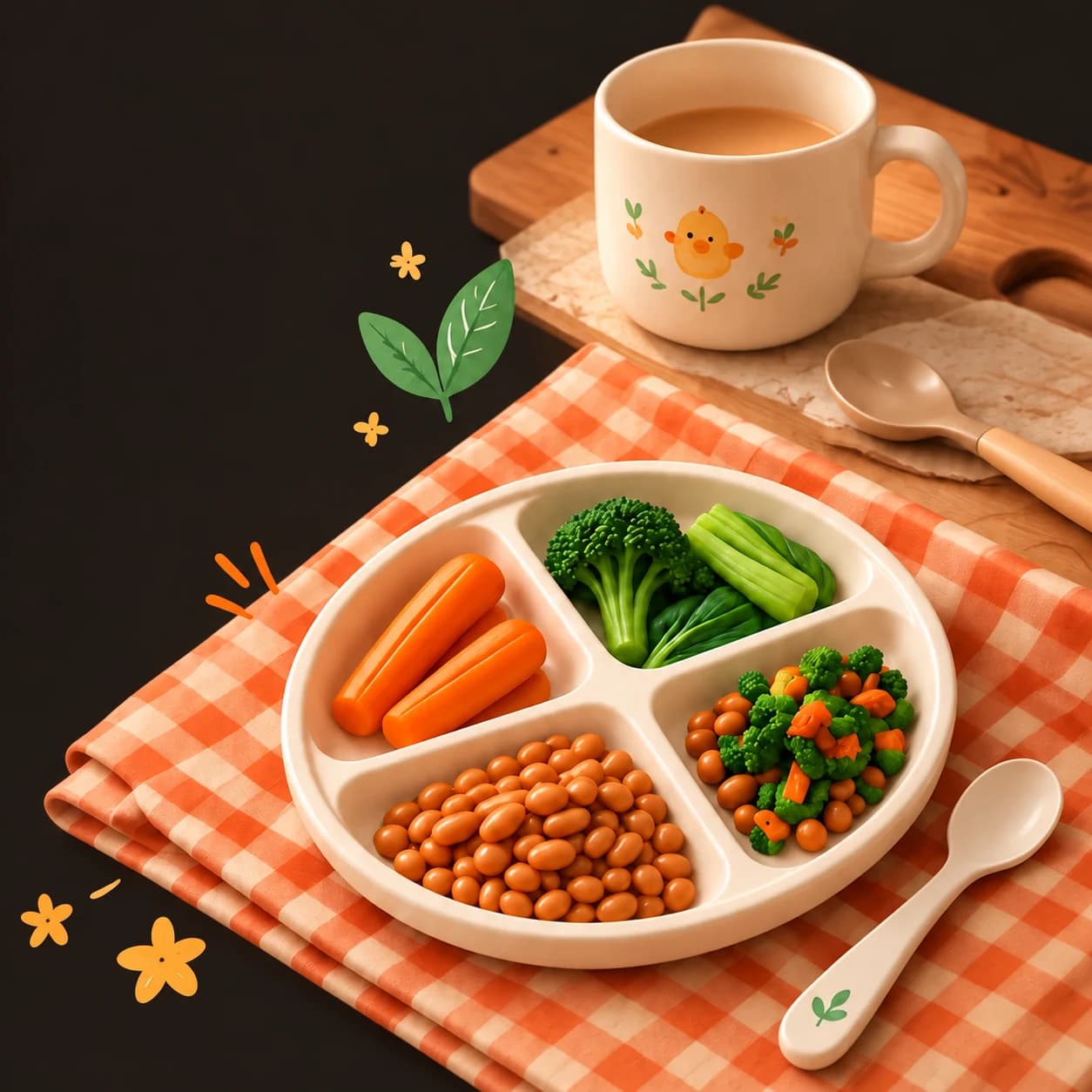 A baby plate with vegetables on a checked cloth and a mug, warmly lit against a dark background