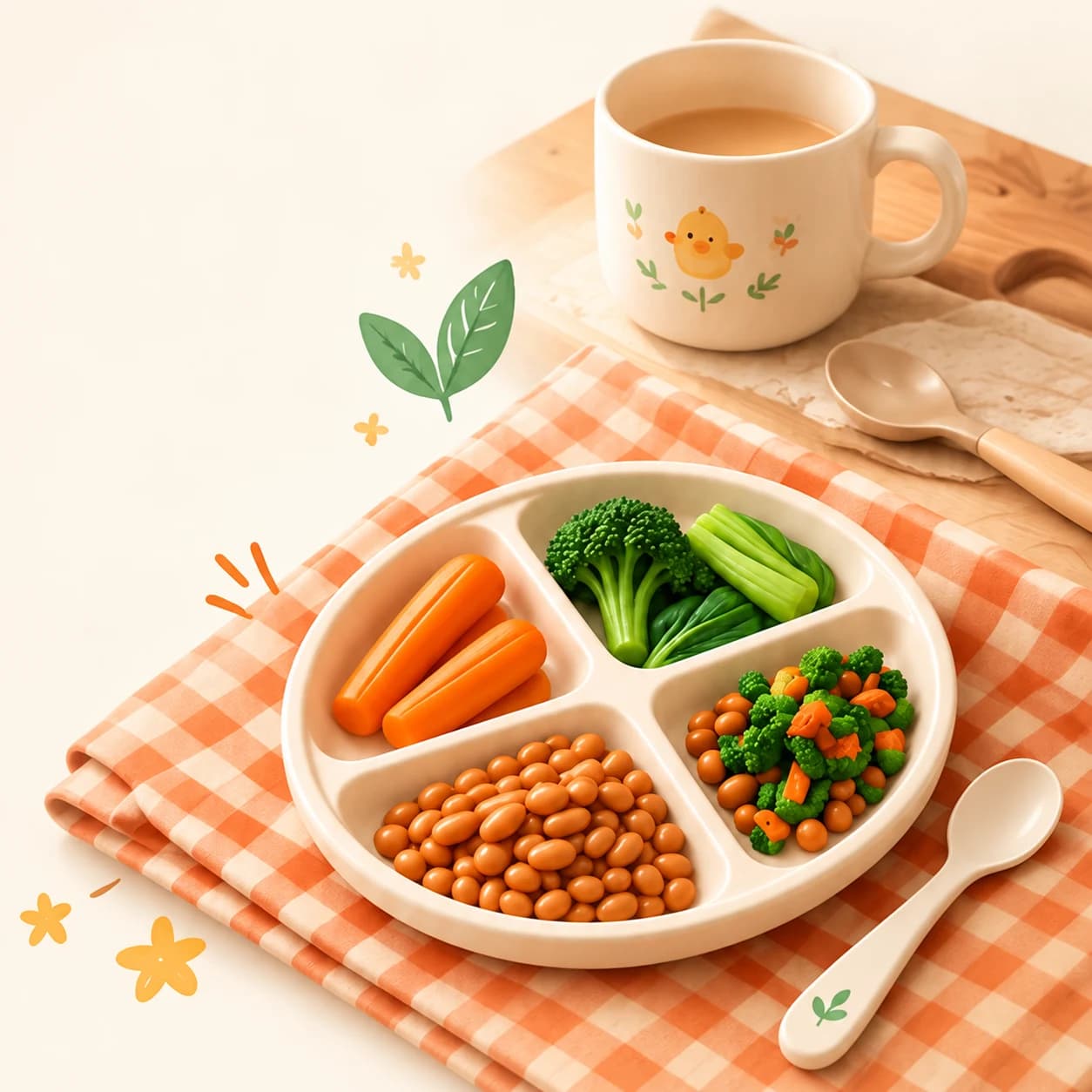 A baby plate with carrot, broccoli, beans and greens on a checked cloth, a mug behind it